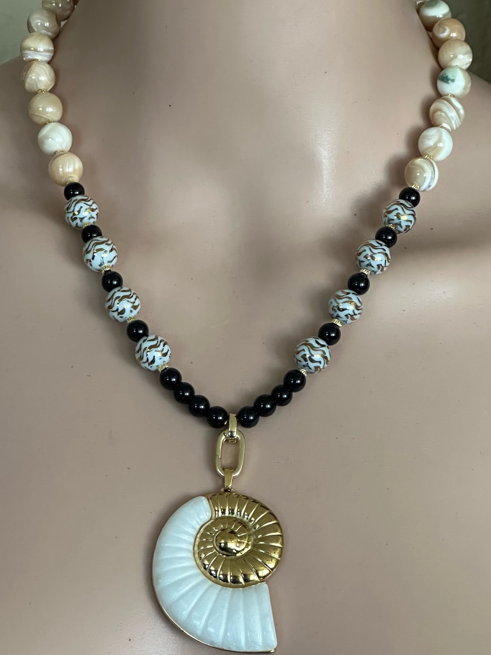 24 inch Gold and White Nautilus Shell Statement Pendant Necklace